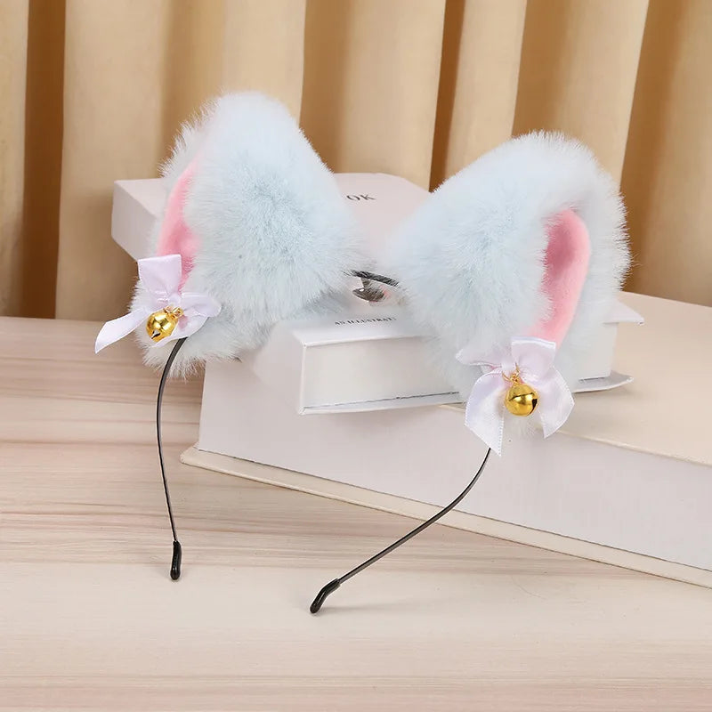 Plush Rabbit Sexy Cat Ears Headband for Women Girls Lace Bow Necklace Plush Bell Hairband Cosplay Masquerade-Party Costume Hair