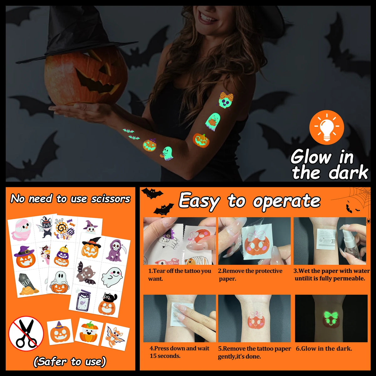 Glow-in-the-Dark Halloween Temporary Tattoos, with a variety of patterns, are suitable as party decorations and gifts，36 sheets