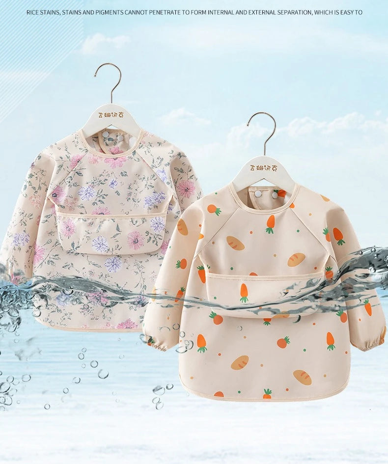 1PC Child Feeding Bib Waterproof Long Sleeve Apron Rice Pocket Feeding Blouse Toddler Bibs Children's Summer Thin Feeding Smock