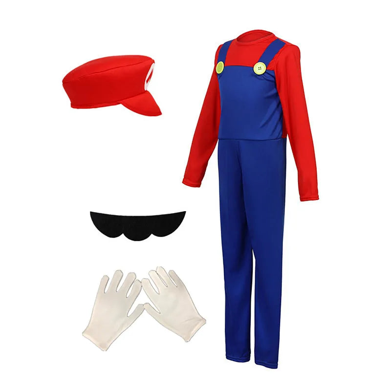 Boy Red and Green Game Jumpsuit with Hat, Beard, and Gloves, Halloween Costume for Performances, Parties, and Birthday Gifts