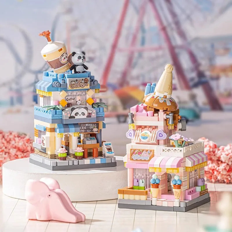 Mini ABS Self-Locking Bricks Street View Blocks Panda Coffee Ice Cream Flower Shop DIY Toy for Kids Girls Birthday Gift
