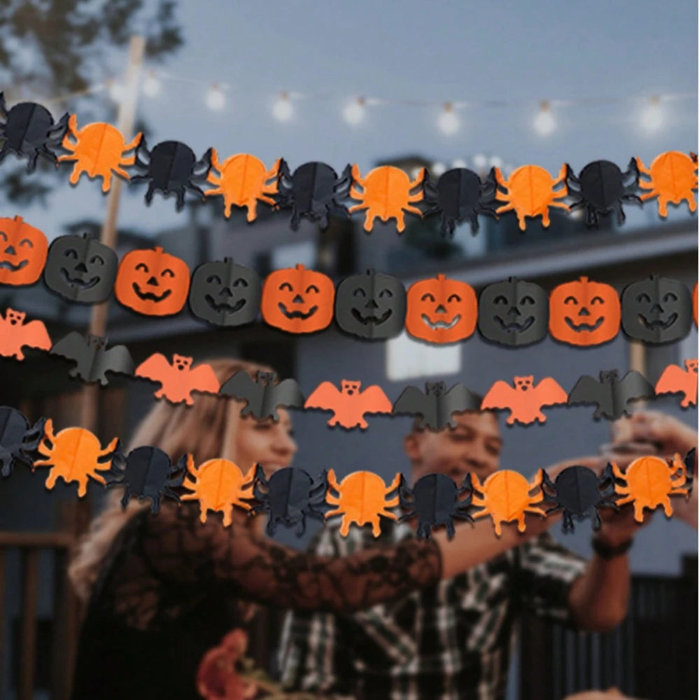 Halloween Paper Banner Spider Pumpkin Ghost Bat Paper Chain Halloween Decoration Garland Banner Paper Pull Flower Party Supplies
