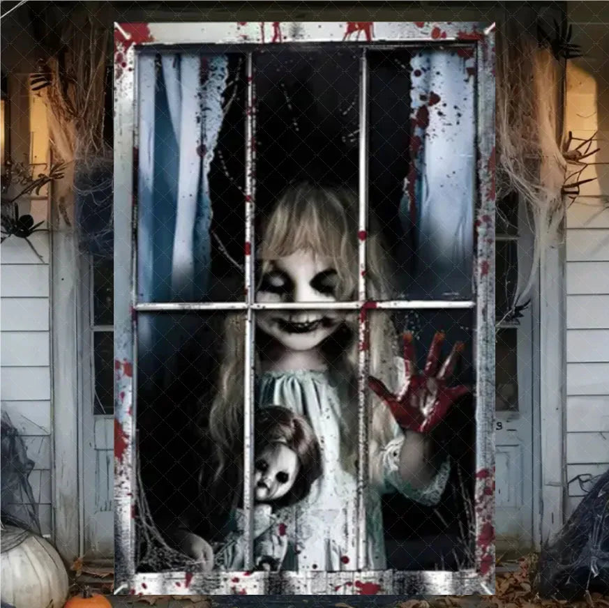 Scary Halloween Curtain Window Banner Horror Hanging Cloth Family Party Decoration Witch Zombie Ghosts Super Terrifying Backdrop