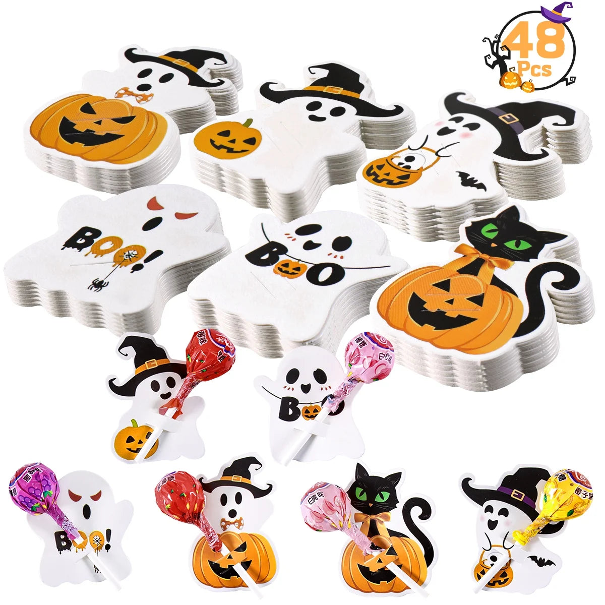 48pcs Halloween Lollipop Holder Cards Cute Pumpkin Ghost Pattern for Birthday Halloween Party Decoration DIY Gifts Supplies