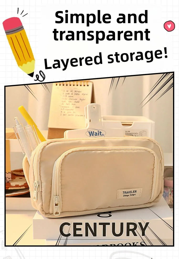 Large Capacity Simple and Versatile Japanese Pencil Case Stationery Box for Female Primary School Students, Junior High School S