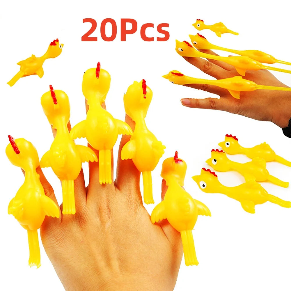20pcs Novelty Sport Catapulted Ejection Chicken Toy Rubber Prank Flying Toy Slingshot Chicken Finger Toys Turkey Sticky