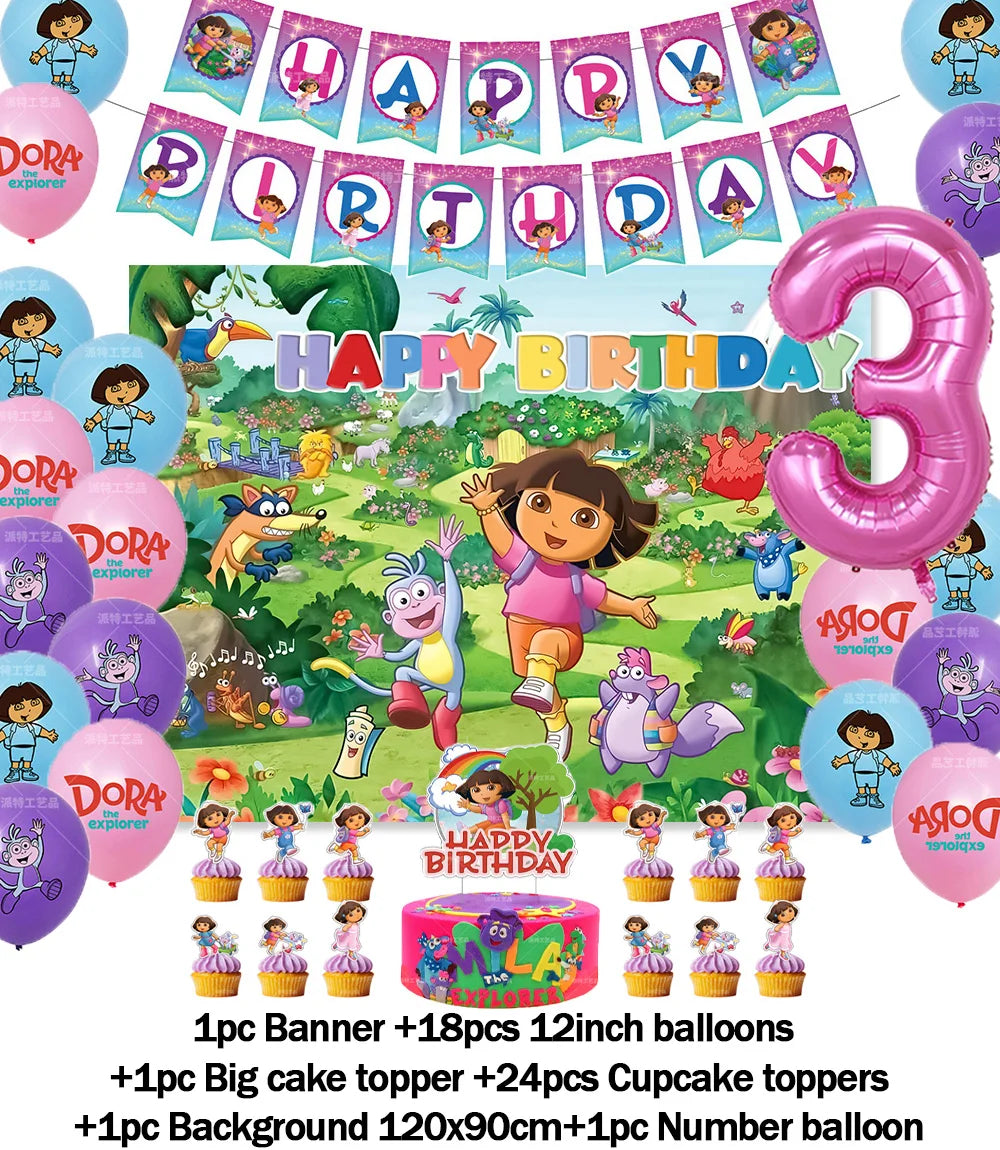 Cartoon-Dora-The-Explorer Theme Kids Birthday Party Digital Balloon Banner Background Cake Topper Decoration Supplies Baby Gifts