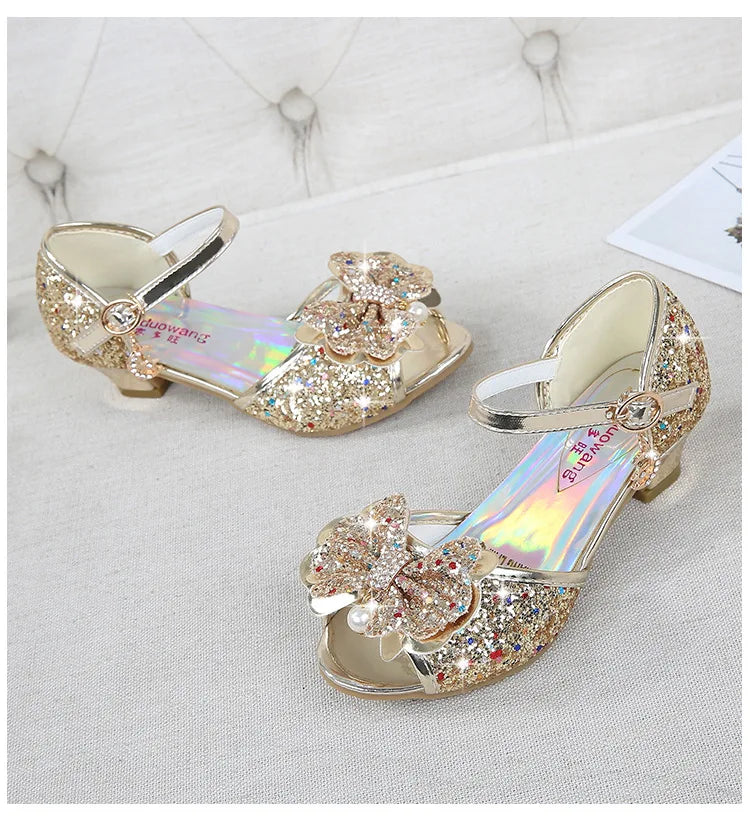 Children Princess Sandals Kids Girls Wedding Shoes High Heels Dress Shoes Bowtie Purple Pink Blue Silver Shoes For Girls
