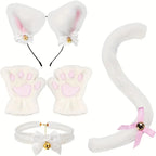5Pcs Sets Cat Paw Gloves Winter Cute Cartoon Girl Open Finger Gloves Bell Headband Fox Cat Ear Headwear