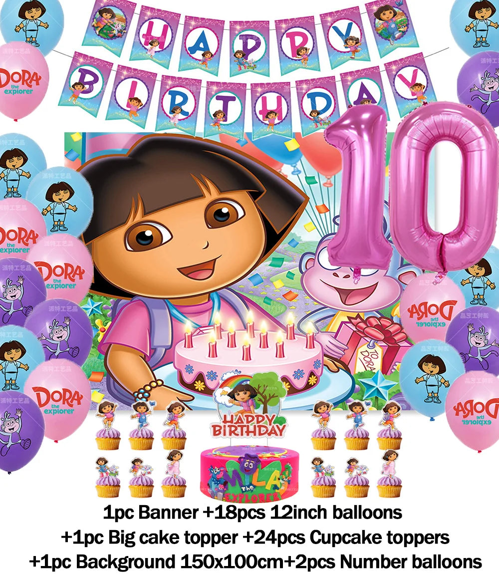Cartoon-Dora-The-Explorer Theme Kids Birthday Party Digital Balloon Banner Background Cake Topper Decoration Supplies Baby Gifts