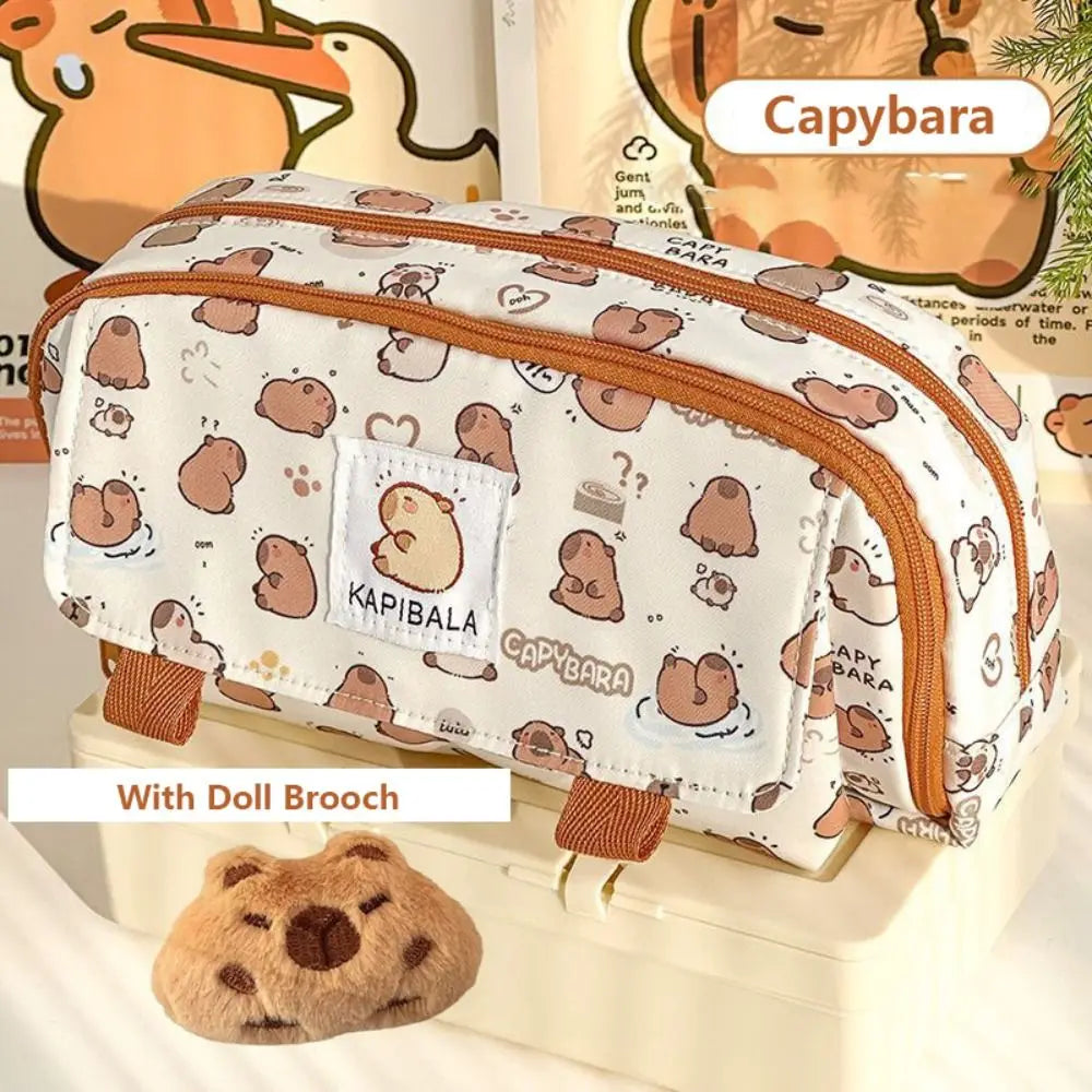 INS Capybara Four-layer Large Capacity Pen Bag Cute Cartoon Pencil Case Stationery Organizer Storage Bag For Students Gift