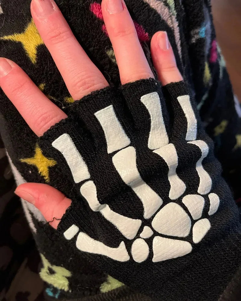 New Punk Gloves Unisex Halloween Skeleton Skull Half Finger Gloves Glow In The Dark Fingerless Stretch Knitted Winter Mittens