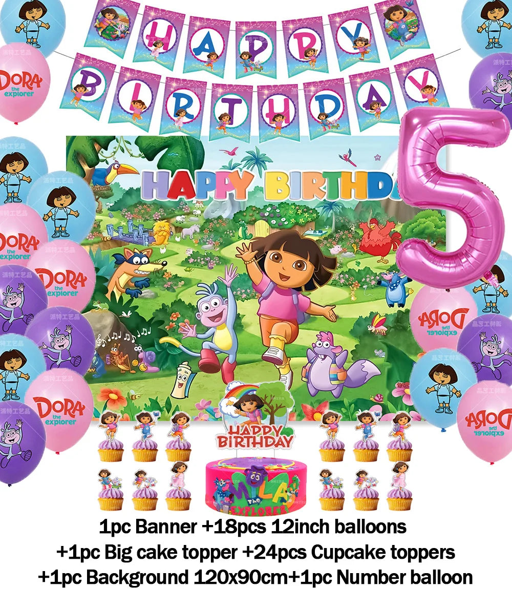 Cartoon-Dora-The-Explorer Theme Kids Birthday Party Digital Balloon Banner Background Cake Topper Decoration Supplies Baby Gifts