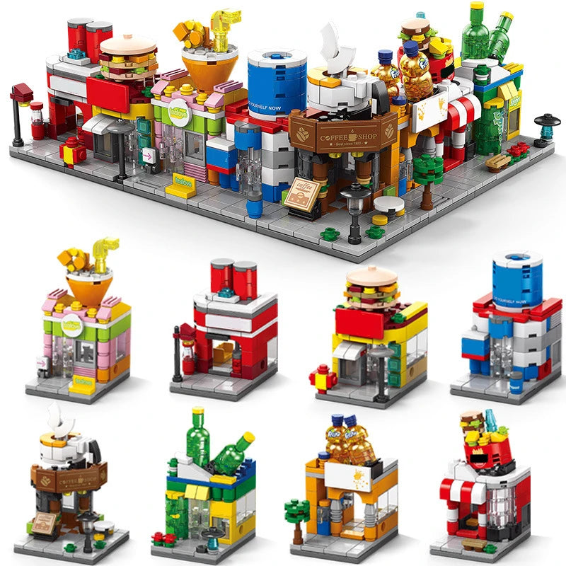 Mini ABS Self-Locking Bricks Street View Blocks Panda Coffee Ice Cream Flower Shop DIY Toy for Kids Girls Birthday Gift