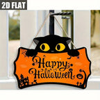 Black Cat Shaped Happy Halloween Wooden Hanging Sign Pumpkin Bat Spider Castle Print Front Door Plaque for Halloween Porch Decor