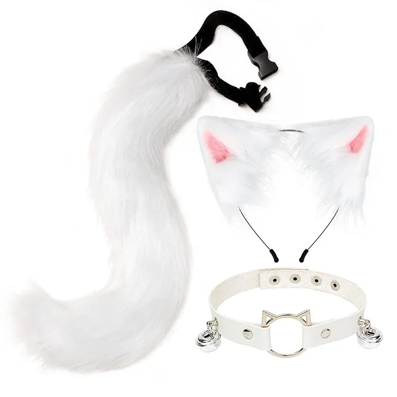 FluffyAnime Animal Fur Fox Tail Cat Paws Gloves and Ears Headwear Face Mask Cosplay Costume  Set Halloween Party Accessorie