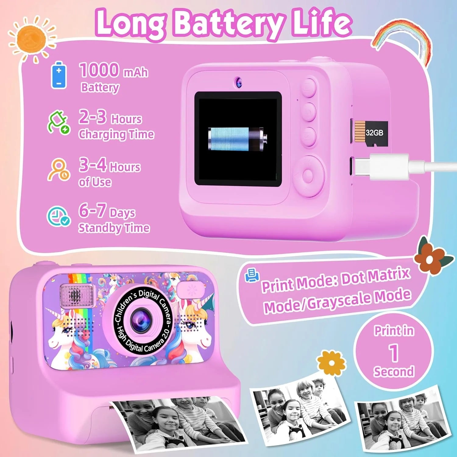 Children Instant Print Digital Camera Photo Color Label Thermal Print Camera for Kids 3-12 Age Best Birthday Festive Gifts