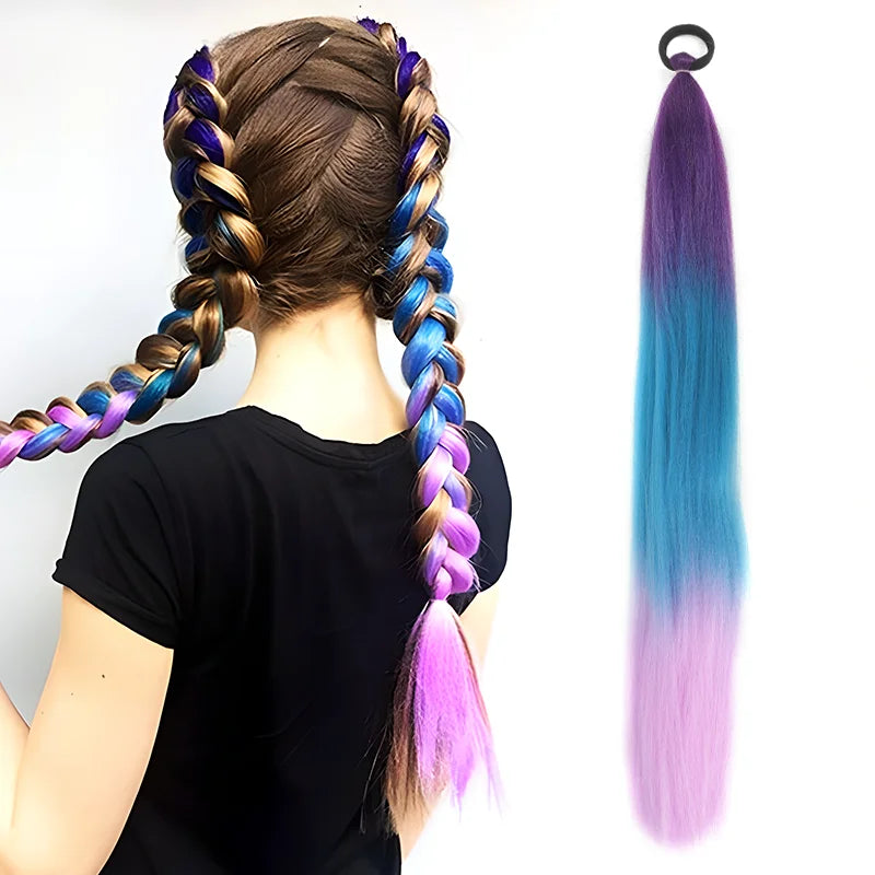 LUPU Synthetic Ponytail Extension with Elastic Tie Hair Band 26" Long Straight Colored Braiding Ponytail Ombre Pink Purple Blue