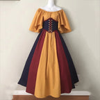 Halloween Costumes for Women Medieval Retro Contrasting Color Slim Swing Dress One-word Shoulder Dress Love Live Cosplay