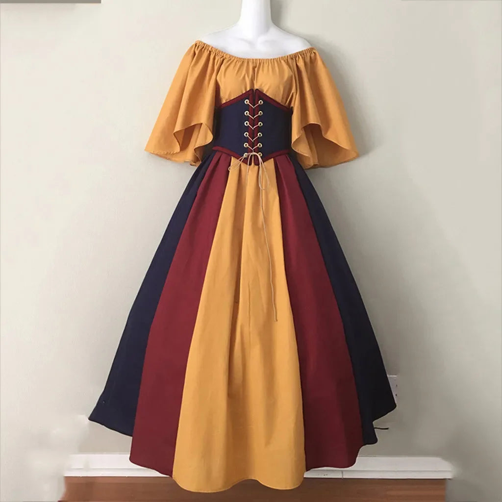 Halloween Costumes for Women Medieval Retro Contrasting Color Slim Swing Dress One-word Shoulder Dress Love Live Cosplay