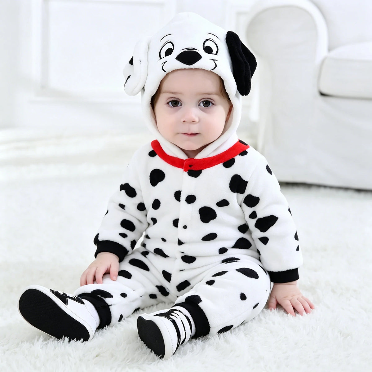 Umorden Baby Dalmatians Spotty Dog Costume Kigurumi Cartoon Animal Rompers Infant Toddler Jumpsuit Flannel Halloween Fancy Dress