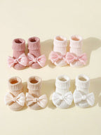 4 Pairs Toddler Socks with Bows, Soft Cotton Cute Ankle Socks for Infants Girls, Fashion Anty-Slip Newborn Baby Socks 0-24 Months