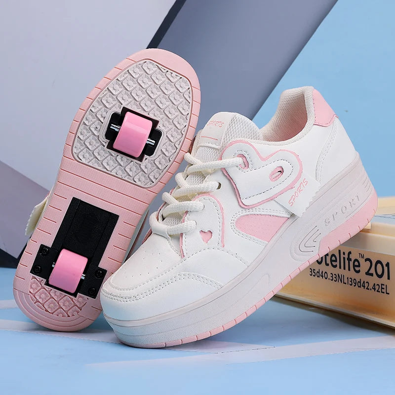 Girls Retractable Roller Shoes Breathable Walking Sneakers