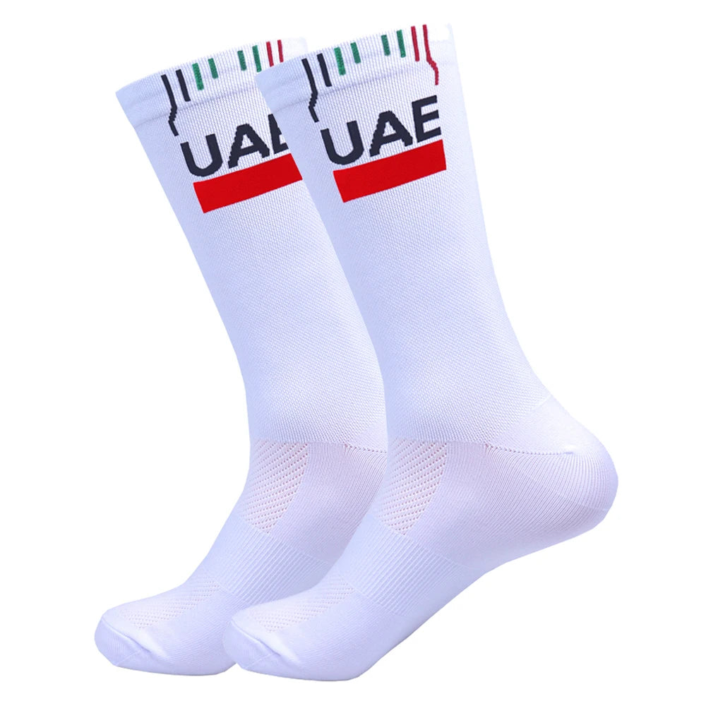 New UAE Cycling Socks rTeam Bike Nurse Compression Road Bike Running Mtb Knee-high White Sports Running Football Socks