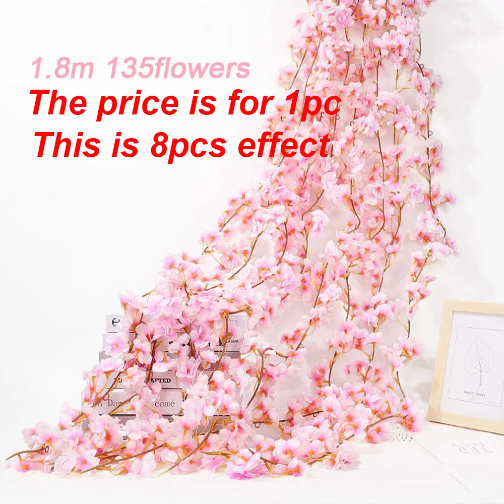 1pc 5.6ft Artificial Sakura Flowers Vine Wedding Garden Rose Arch Home Party Decoration Spring Bridal Fake Silk Scrapbook Plants