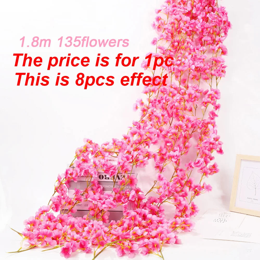 1pc 5.6ft Artificial Sakura Flowers Vine Wedding Garden Rose Arch Home Party Decoration Spring Bridal Fake Silk Scrapbook Plants