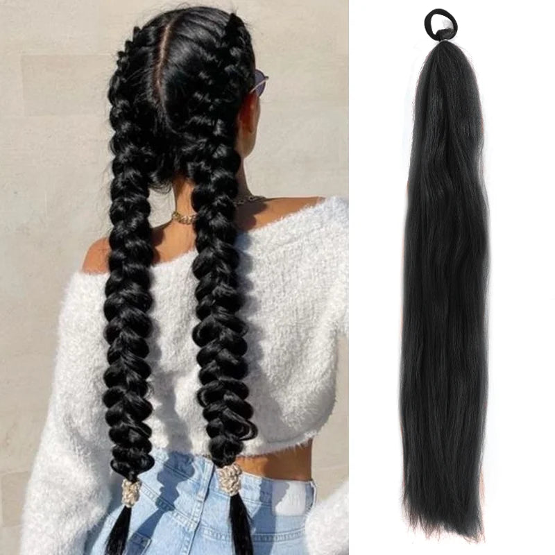 LUPU Synthetic Ponytail Extension with Elastic Tie Hair Band 26" Long Straight Colored Braiding Ponytail Ombre Pink Purple Blue