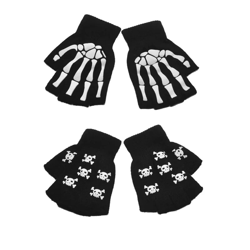 New Punk Gloves Unisex Halloween Skeleton Skull Half Finger Gloves Glow In The Dark Fingerless Stretch Knitted Winter Mittens
