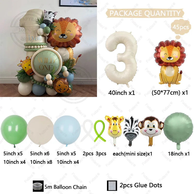 45pcs Lion Giraffe Balloon Cream White Number Birthday Balloon Set Jungle Animal Theme Birthday Party Decoration Suprise Gift