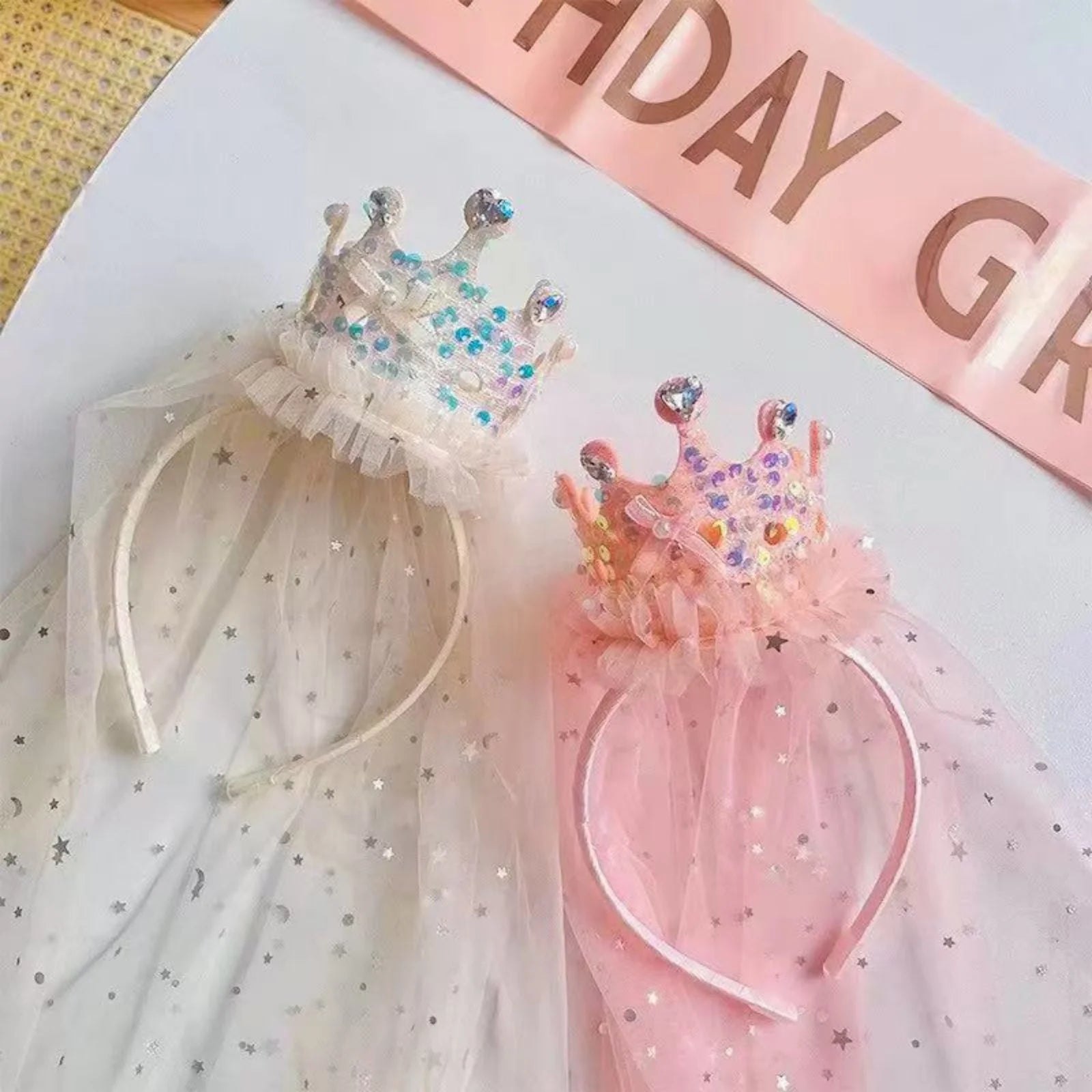 Princess Crown Veil Headband for Girls Sparkly Dress Up Party Accessory