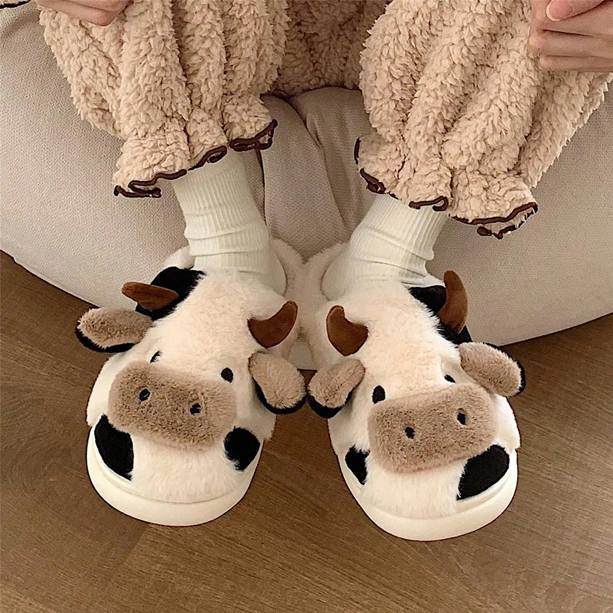 Cow Pattern Plush Slippers Cozy Winter House Shoes for Adults