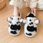 Women's Fluffy Cow Slippers Plush Winter Home Slides Comfort