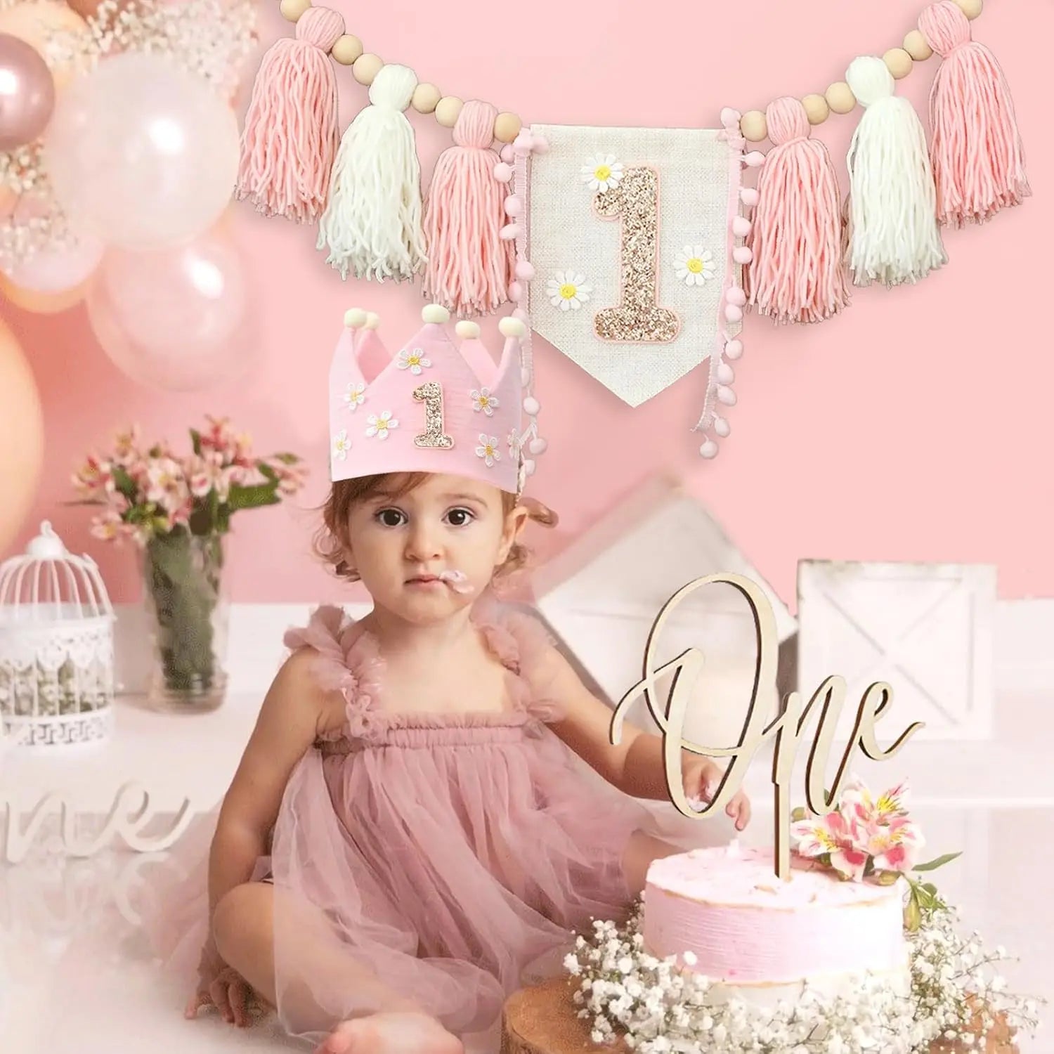 Boho 1st Birthday High Chair Banner Pink Party Decoration For Girl Baby Shower Wall Hangings Decorative For Kids Bedroom