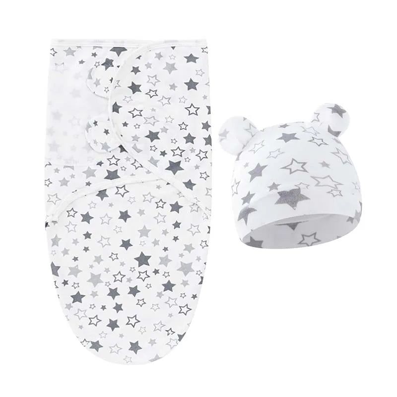 Baby Blanket Hat Set Cartoon Printed Cotton Newborn Swaddle Adjustable Infant Blankets Wraps Applicable All Seasons 0-6 Months