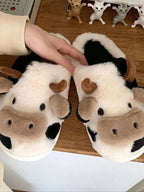 Cow Pattern Plush Slippers Cozy Winter House Shoes for Adults