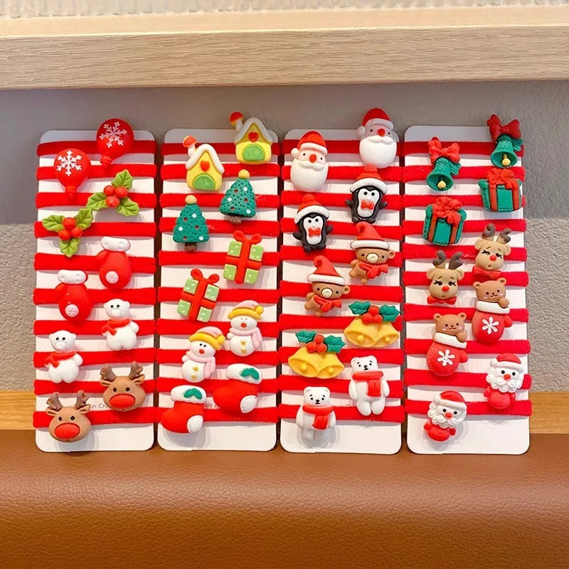 10Pcs/Set Kids Girls Christmas Hair Ties Cute Santa Claus & Reindeer Design Festive Hair Accessories Holiday Parties Decorations