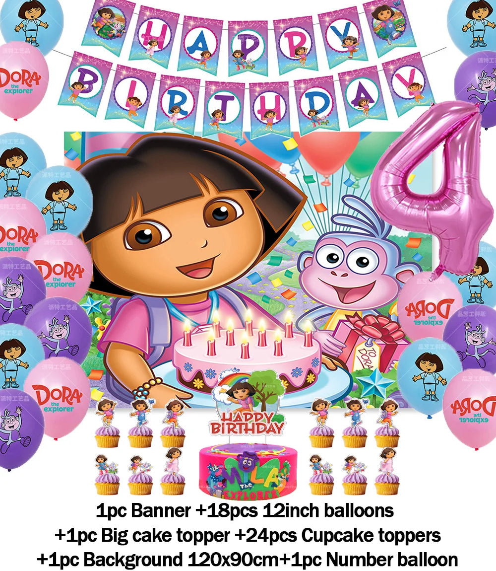 Cartoon-Dora-The-Explorer Theme Kids Birthday Party Digital Balloon Banner Background Cake Topper Decoration Supplies Baby Gifts