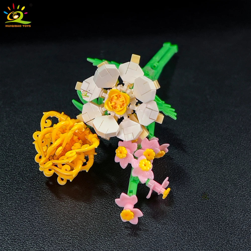 HUIQIBAO MOC Flower with pot Micro Building Block Sunflower Mini Model Bricks set Flowers Toys for Adults home Desk Decoration