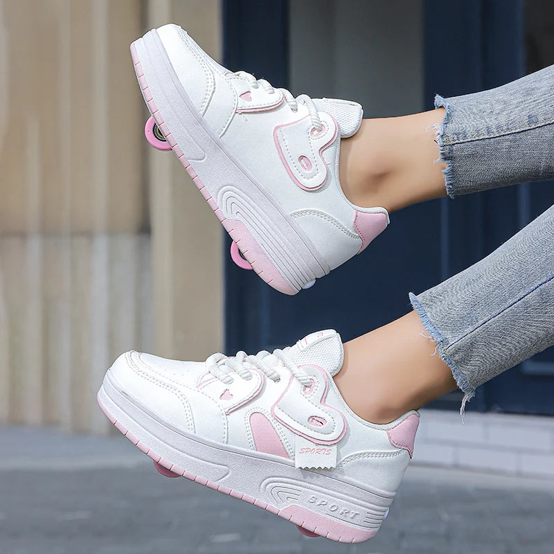 Girls Retractable Roller Shoes Breathable Walking Sneakers
