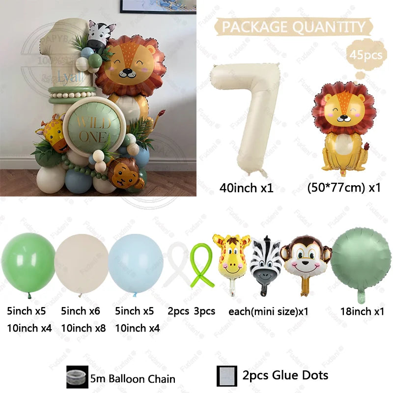 45pcs Lion Giraffe Balloon Cream White Number Birthday Balloon Set Jungle Animal Theme Birthday Party Decoration Suprise Gift