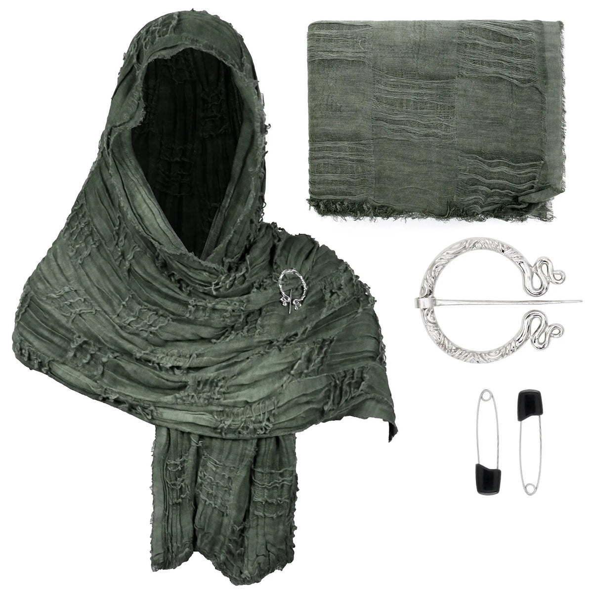 Medieval Vintage Hooded Shawl Scarf Cloak For Men Women Renaissance Halloween Tattered Layered Textured Frayed Cosplay Costume