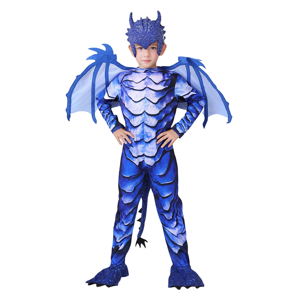 The Frost Blue Dragon Knight Jumpsuit for Kids, Halloween Carnival Theme Party Costume with Wing Tail Mask