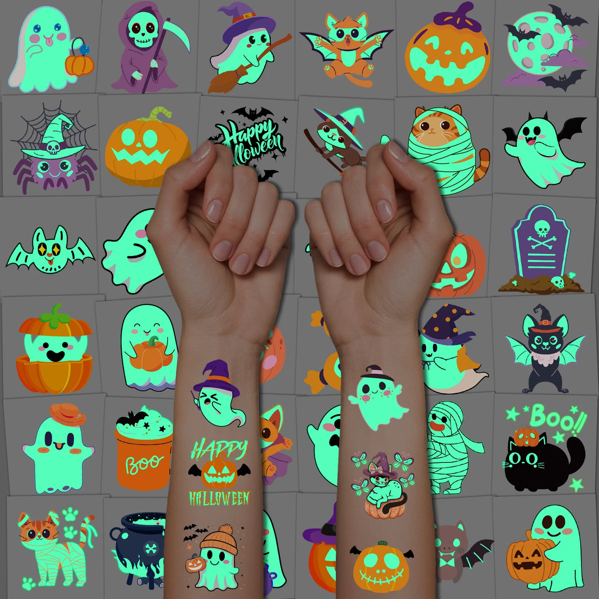 Glow-in-the-Dark Halloween Temporary Tattoos, with a variety of patterns, are suitable as party decorations and gifts，36 sheets