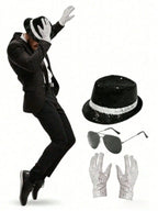 Michael Jackson Costume Accessories Set - Sequin Fedora Hat + Rhinestone Gloves + Aviator Sunglasses, Halloween Cosplay Party Dr