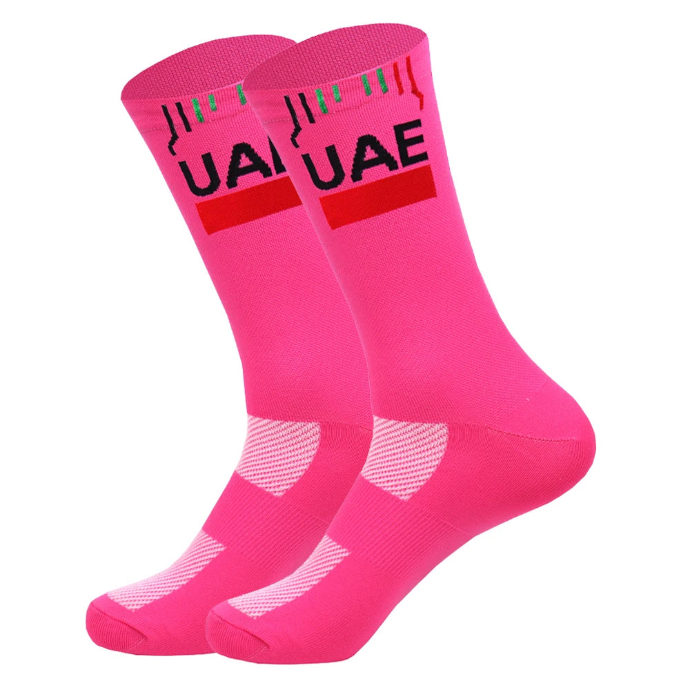 New UAE Cycling Socks rTeam Bike Nurse Compression Road Bike Running Mtb Knee-high White Sports Running Football Socks