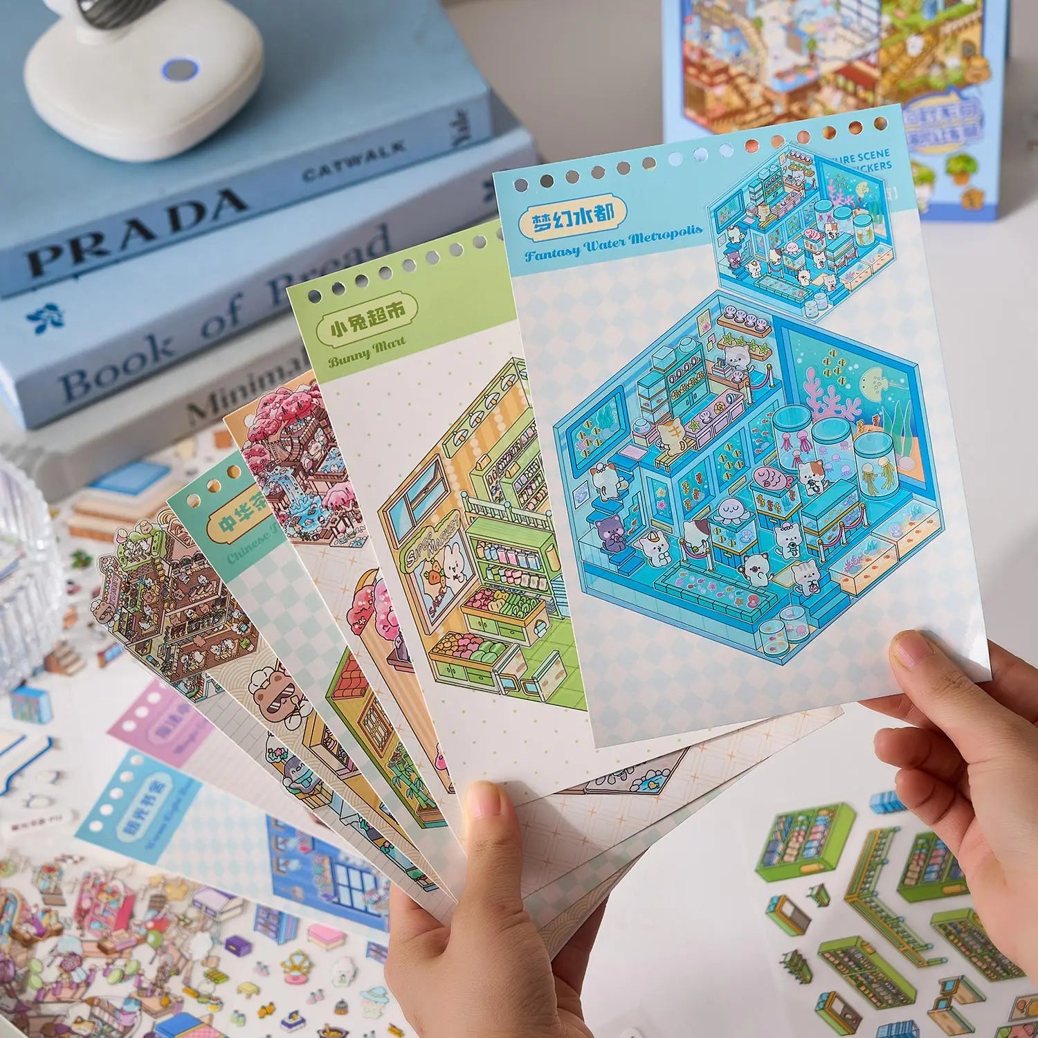 Mr Paper 49pcs/bag Business Town Series Mini 3D Miniature Scenography Sticker Book Visual Stacking Scene Stickers DIY Gift Decor